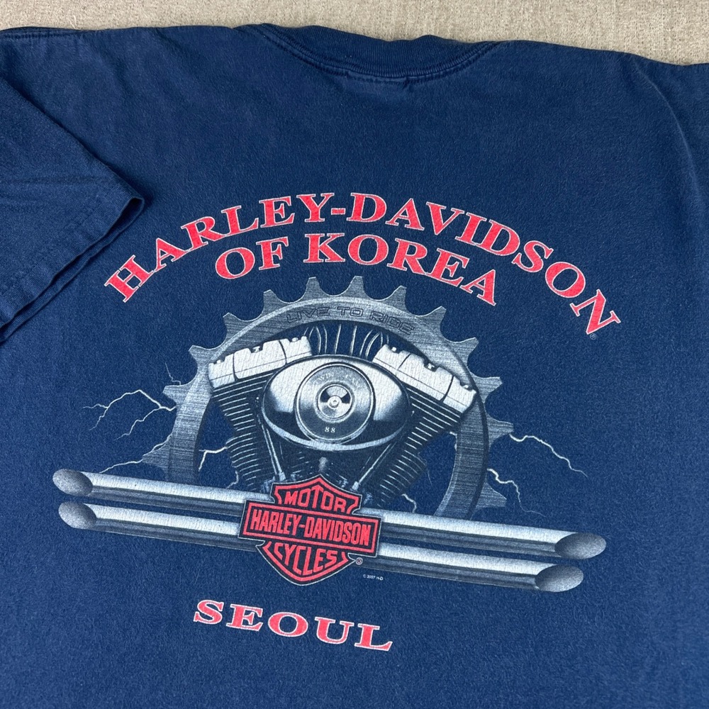 Harley Davidson Lightning T-Shirt Men's XL Navy Blue Seoul Korea Y2K Biker Tee